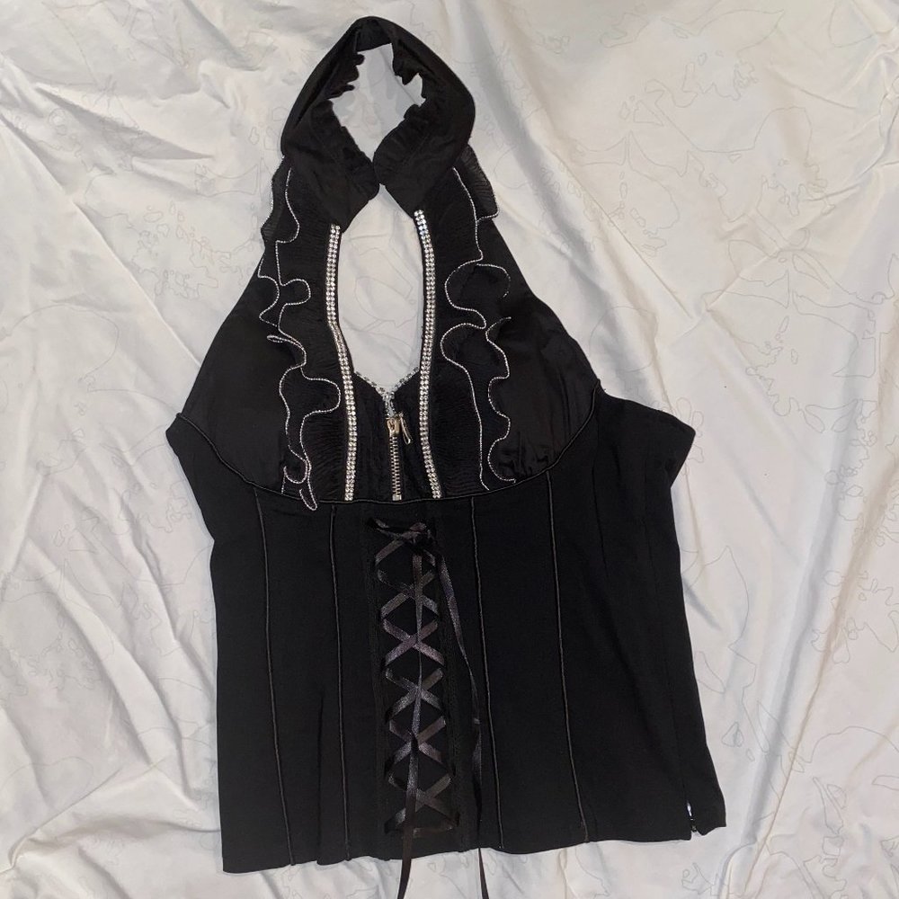 Black corset halter top with silver accents